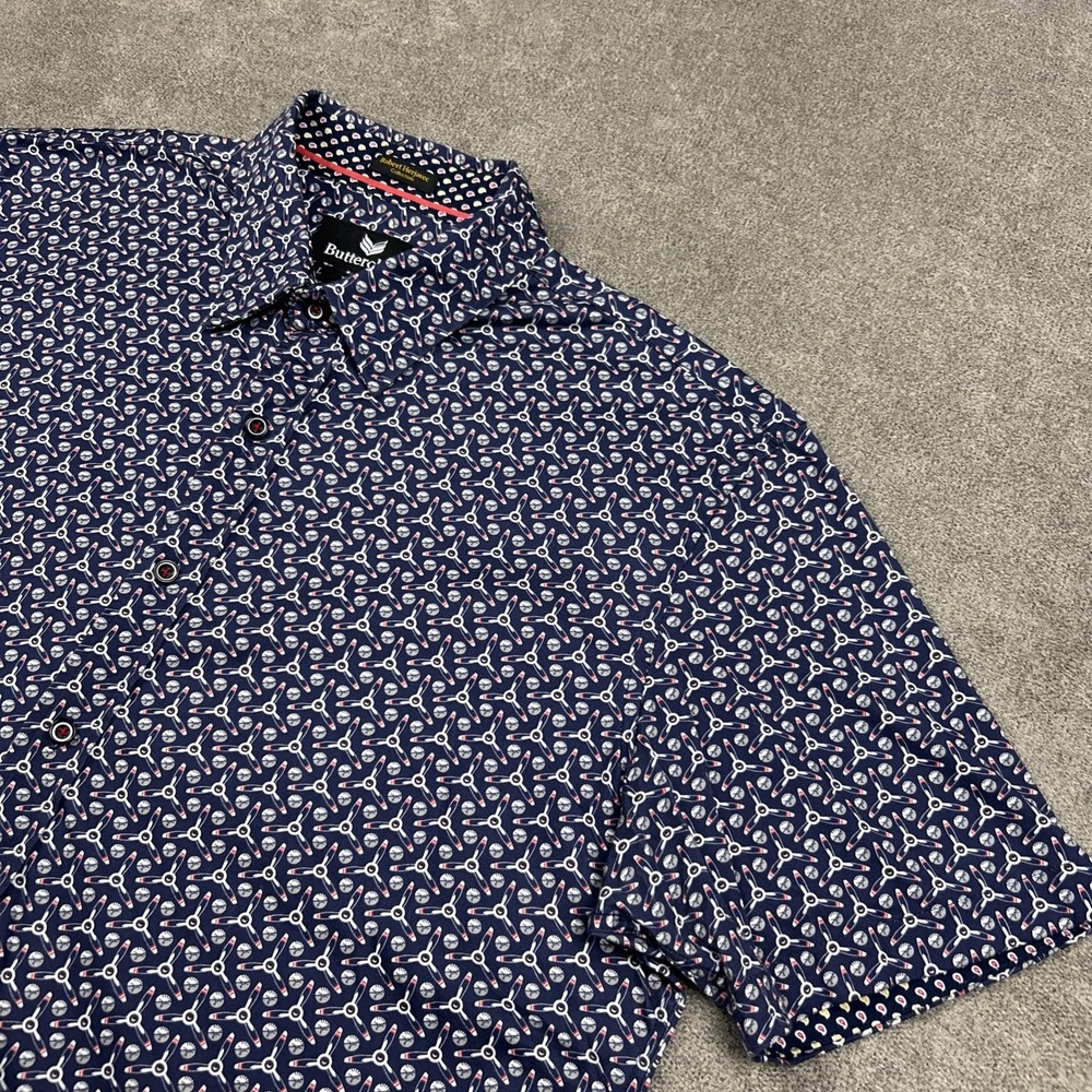 Buttercloth Shirt Men L Robert Herjavec Short Sleeve Button Up Airplane Prop AOP